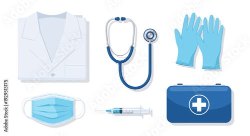 Flat lay of medical tools including a lab coat, stethoscope, gloves, mask, syringe, and first aid kit on a white background, ideal for healthcare visuals.