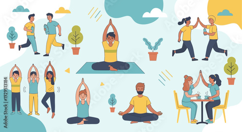 People practicing yoga together in a serene outdoor setting with plants and a peaceful atmosphere from a high viewpoint