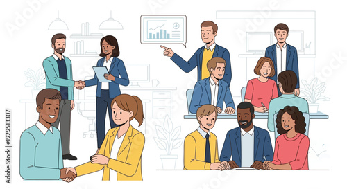 Diverse Professionals Collaborating in Modern Office Environment from Various Viewpoints