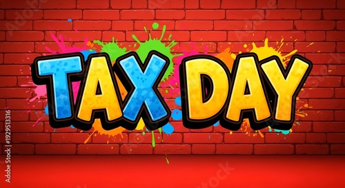 Colorful graffiti style 'Tax Day' text on a red brick wall background with paint splatters