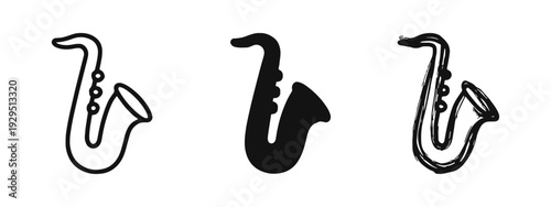 Saxophone Musical Instrument Icon Set in Outline, Solid, and Hand Drawn Styles on White Background