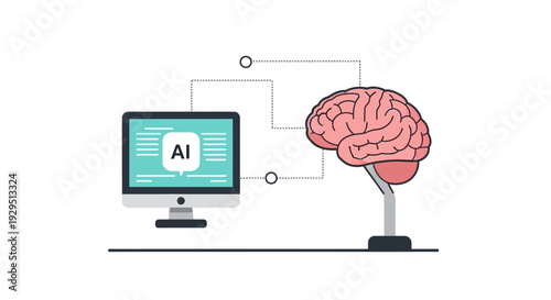 A computer monitor displaying AI is connected to a human brain illustration on a white background from a straightforward viewpoint