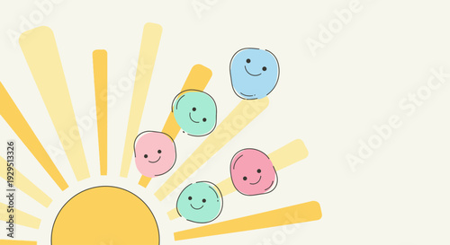 Colorful Smiley Faces Emerging from a Bright Sun Illustration