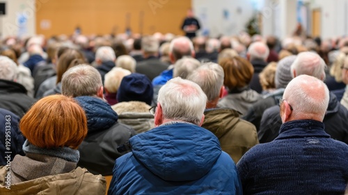 Large group of residents attending town meeting. Community members seated and listening to speaker in public hall. Civic engagement and local discussion concept
