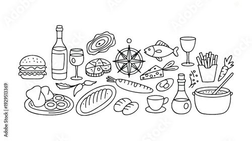 Elegant dining setup on round table with white tablecloth, featuring fine dining, wine, food, tableware, and luxurious atmosphere depicted in a line drawing.