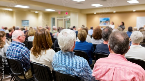 Community town meeting with residents seated in rows. Public discussion led by local representatives in municipal building