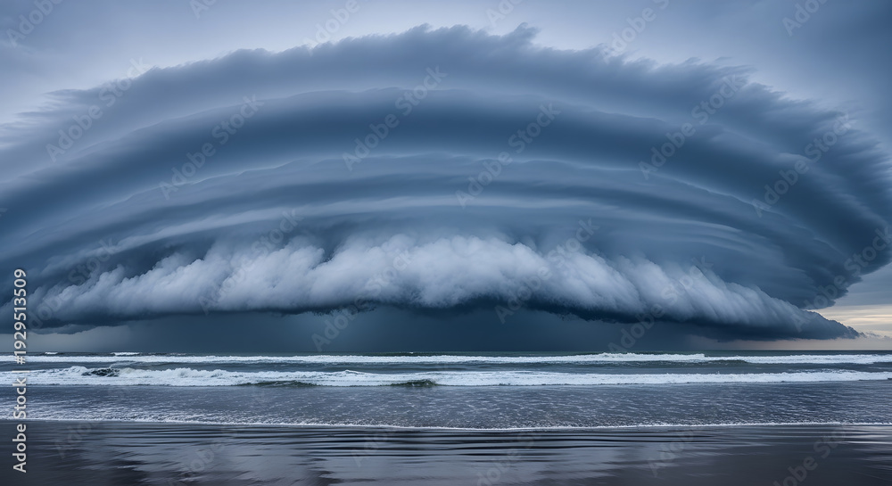 Fototapeta premium Large shelf cloud formation over the ocean and sandy beach in Fo