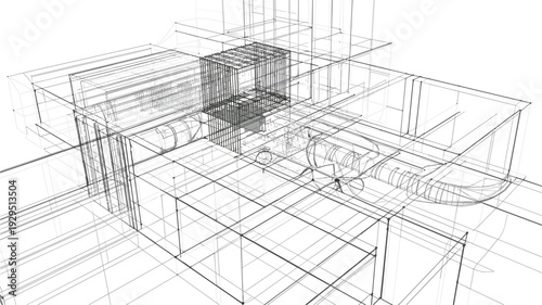 Detailed wireframe architectural model of a multi-level interior space with complex geometric structures and cylindrical indicating advanced