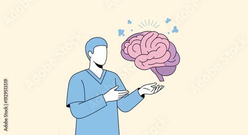 Medical professional holding a glowing brain illustration in a simple art style