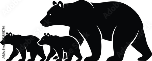 Silhouette of bear family walking together, adult guiding cubs in line, symbolizing protection, unity, wilderness strength, and natural harmony.