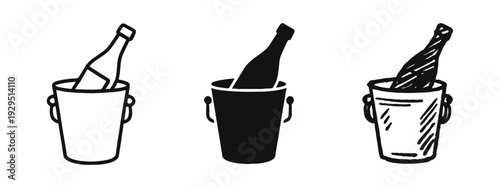 Champagne bottle in ice bucket icon set: outline, solid, and hand-drawn styles for festive events.