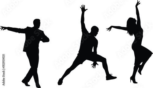 Black silhouettes of graceful men and women dancing in expressive poses, energetic people performing contemporary dance moves, professional dancers isolated on white background vector illustration.