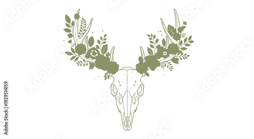 Deer Skull with Floral Antlers Design.