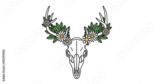 Deer skull with floral antlers design.