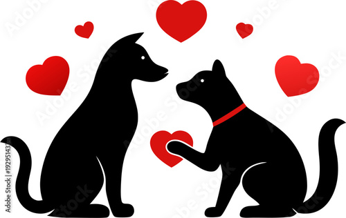 A heartwarming illustration of a dog and cat in black silhouette touching paws with three bright red hearts floating above them on a pure white background 