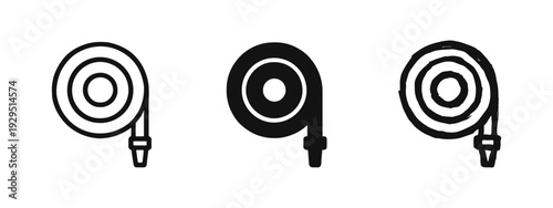 Fire hose reel icon set in outline, solid, and hand-drawn styles for safety and emergency services.