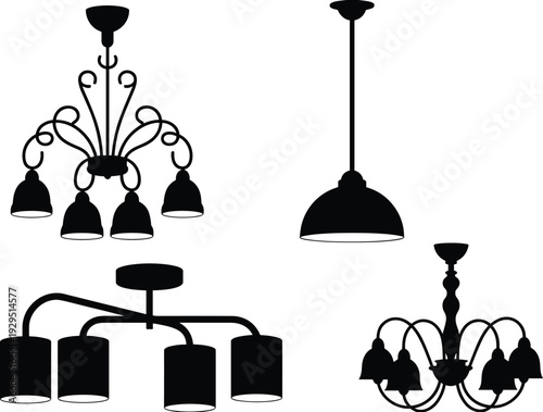 Set of Black Chandelier Silhouettes Featuring Elegant Vintage Pendant Lights Ceiling Lamps and Modern Hanging Light Fixtures for Interior Design Home Decor and Luxury Branding