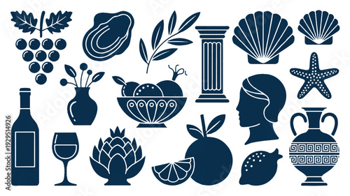 Navy blue winter après-ski themed illustrations collection featuring wine, leaves, and Greek artifacts arranged