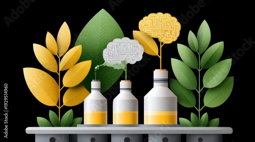Bottles with Green and Yellow Leaves Graphic on a Black Background