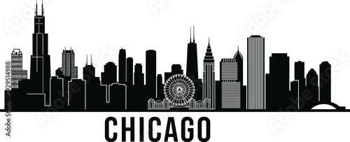 Chicago skyline silhouette, cityscape illustration with skyscrapers and ferris wheel isolated on white background for urban design, travel, architecture concept