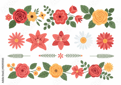 Beautiful floral borders and dividers with colorful flowers and leaves, perfect for design and decoration