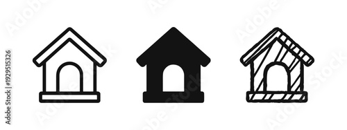 Dog house icon set: Outline, solid glyph, and hand-drawn doodle style illustration.