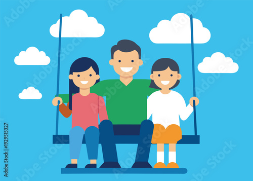 Loving father sitting on a swing with his two young daughters, smiling happily under a bright blue sky with white clouds.