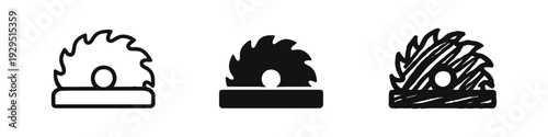 Circular saw blade icon set: Outline, solid glyph, and hand-drawn doodle style illustration.