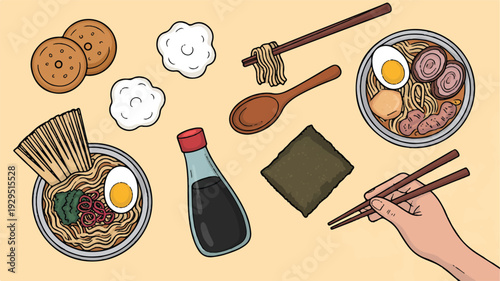 Mediterranean and Italian food elements scattered, illustration of culinary delights and ingredients