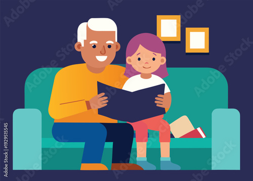 Loving grandfather sitting on a comfortable couch with his granddaughter, reading a book together in a cozy indoor setting.