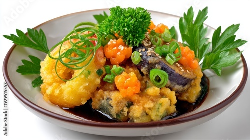 Crispy Battered Shrimp and Eggplant Tempura Dish with Orange Roe and Green Scallions in Soy Glaze