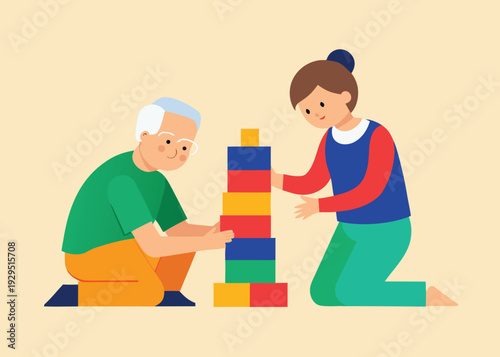Loving grandparents play on the floor, building colorful blocks together, enjoying quality time at home.