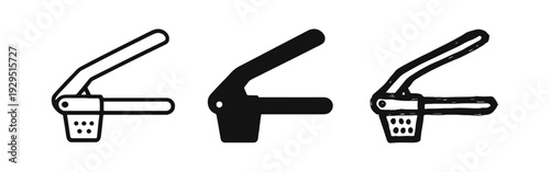 Garlic press kitchen utensil icon set: Outline, solid glyph, and hand-drawn doodle style illustration.