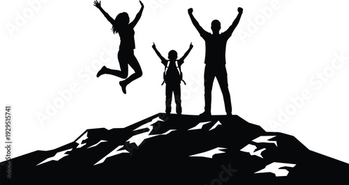 Silhouette of a happy family with father mother and child jumping and cheering on a mountain peak celebrating success achievement freedom and outdoor adventure.