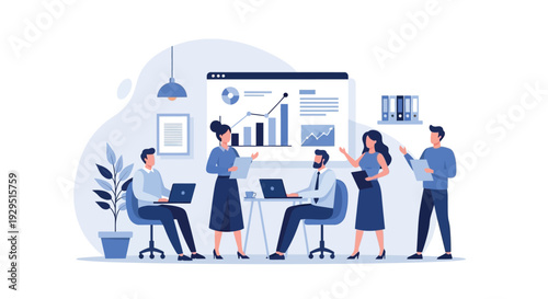 Business professionals collaborating in a modern office environment viewed from a slight overhead perspective with graphics and charts displayed on screens