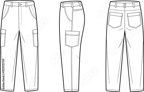 Three different styles of white pants with various pockets and stitching details