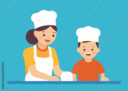 Loving mother teaches her young son how to bake, kneading dough on the kitchen counter while wearing chef hats.