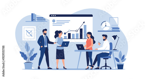 Business professionals collaborating and analyzing data on laptops in a modern office environment with graphs displayed