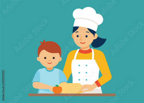 Loving mother teaches her young son how to bake, kneading dough on the kitchen counter with an apple nearby.