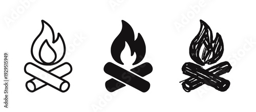 Campfire icon set. Bonfire, outdoor, and camping symbols in outline, solid, and doodle styles.