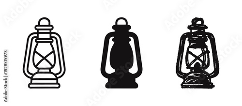 Vintage lantern icon set. Oil lamp, light, and exploration symbols in outline, solid, and doodle styles.