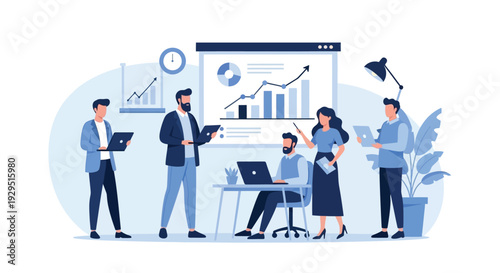 Business professionals collaborating in a modern office environment with digital devices and data visualizations from a slightly elevated viewpoint