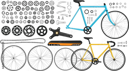 Vector illustrations of custom bicycle frames including track bike frames wheels drivetrain components and high performance gear