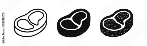 Meat steak icon set. Food, grill, barbecue, and cooking symbols in outline, solid, and doodle styles.