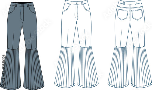 Three pairs of flared jeans with different and colors including dark blue and white with detailed stitching and pockets