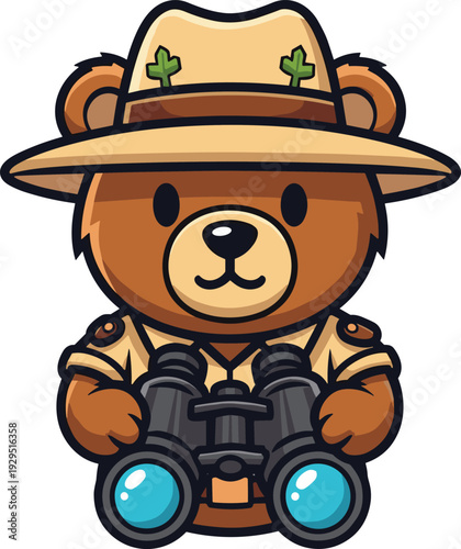 Cute cartoon bear park ranger wearing tan uniform and hat holding binoculars with friendly wildlife exploration theme