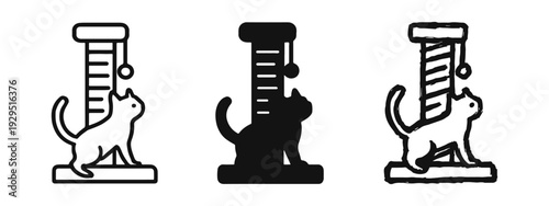Cat scratching post icon set. Feline pet, play, and animal care symbols in outline, solid, and doodle styles.