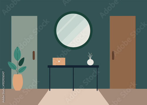 A modern minimalist entryway features a console table with decor, a round mirror, a potted plant, and two doors against a dark green wall.