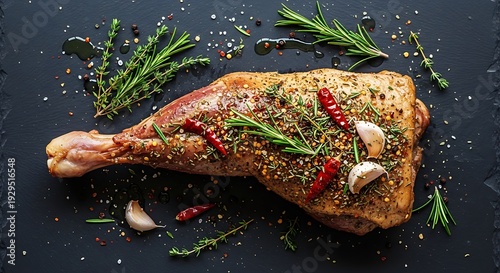 Herb-roasted leg of lamb with seasonal garnishes on dark background. pierna cordero