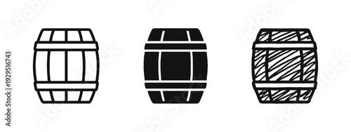 Barrel Icons Set in Outline, Solid Glyph, and Hand-Drawn Doodle Styles for Storage and Beverage